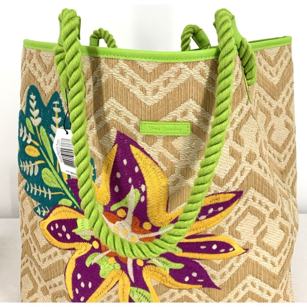 Vera Bradley Large Embroidered Floral Straw Beach Tote Bag Lime Green Purple NWT - Picture 6 of 9